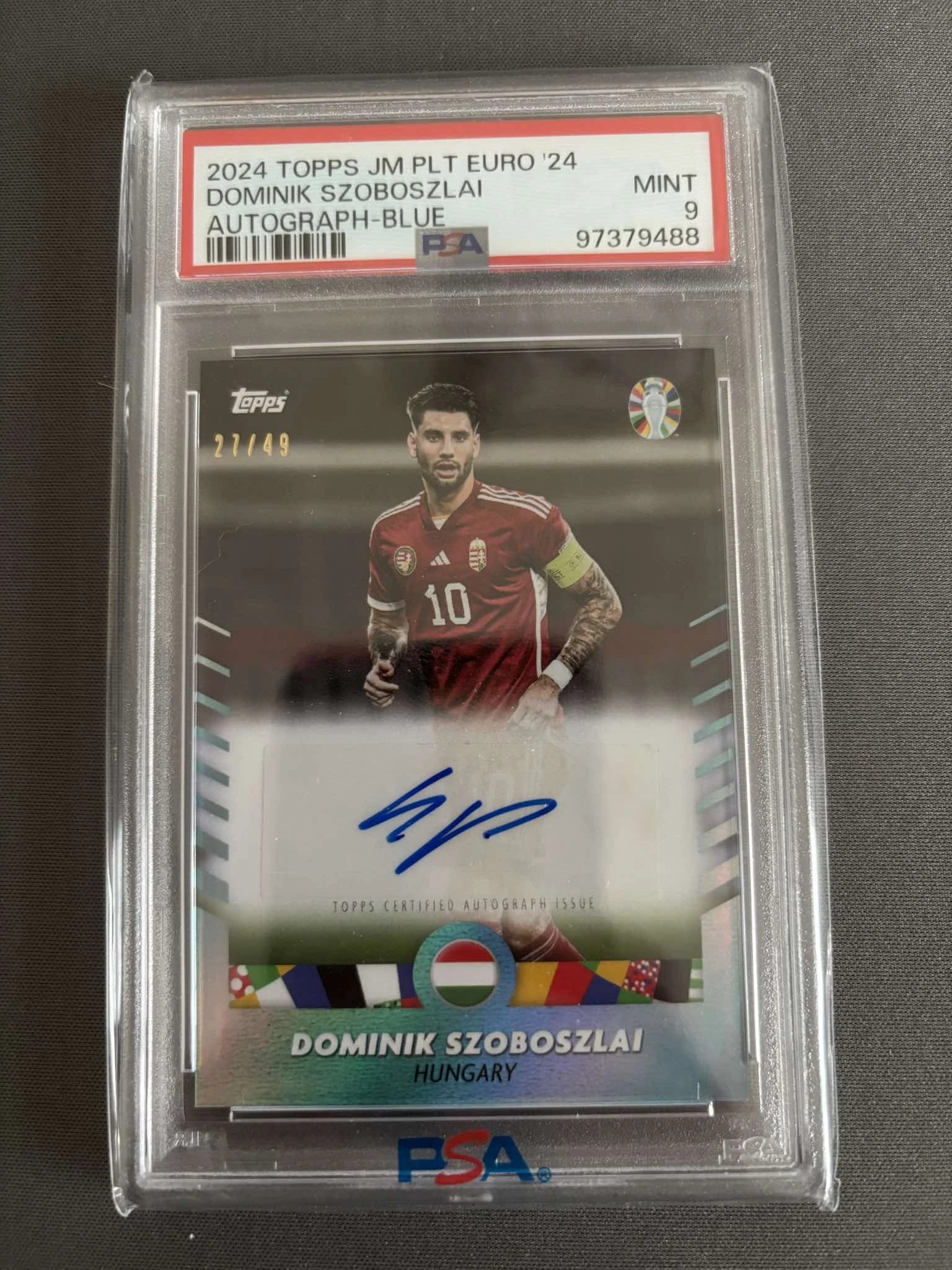  Dominik Szoboszlai Auto 27/49 Hungary Topps Mourinho Platinum Blue kártya